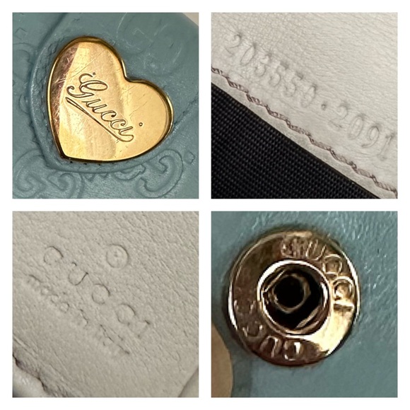 💯 GUCCI Heart Baby Blue Monogram Leather Wallet on Gold Chain w/ auth cert - Picture 8 of 13